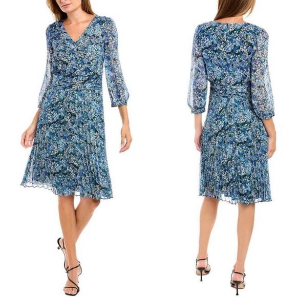 NWT Karl Lagerfeld Blue Floral Chiffon Pleated Dress. - Picture 1 of 12